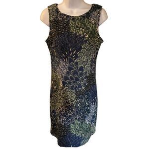 Pretty Peacock Print Sheath Dress, Size 4